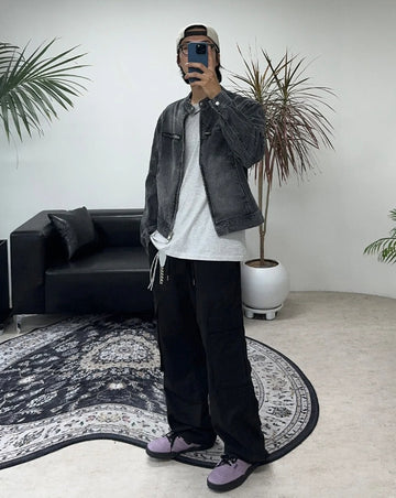 Aden washed denim biker jacket